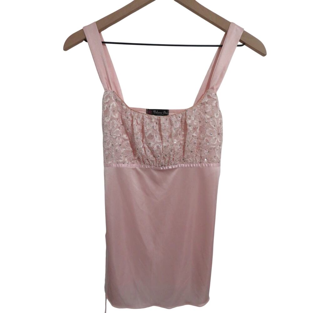 Volume One Women Sz S Pink Satin Lace Top Coquette Y2K Lace Trim Cami Babydoll